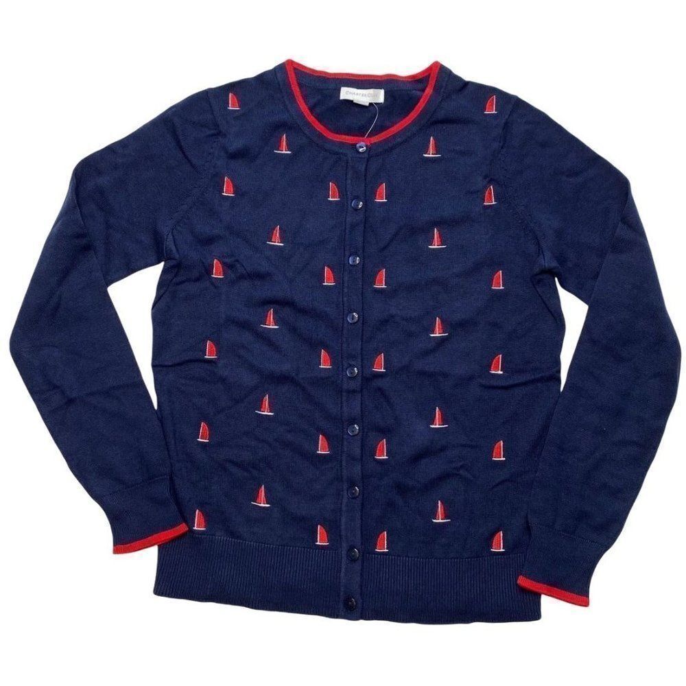 Charter Club Blue Red Sail Boat Embroidered Cardigan Sz XS NEW